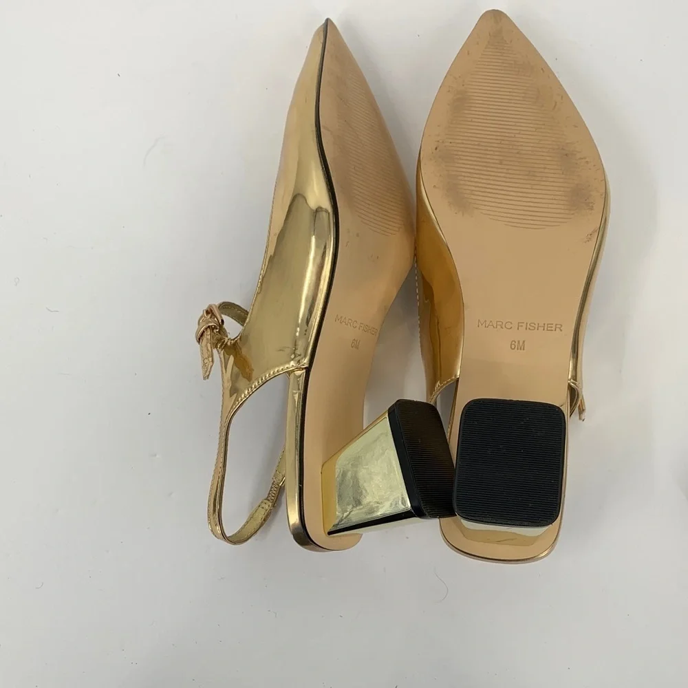 Marc Fisher Luminos slingback maryjane pump shoe mirror metallic strap gold 6